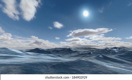 3D Rendered Enviroment Scene Of Ocean At Sunset With Sun On The Sky