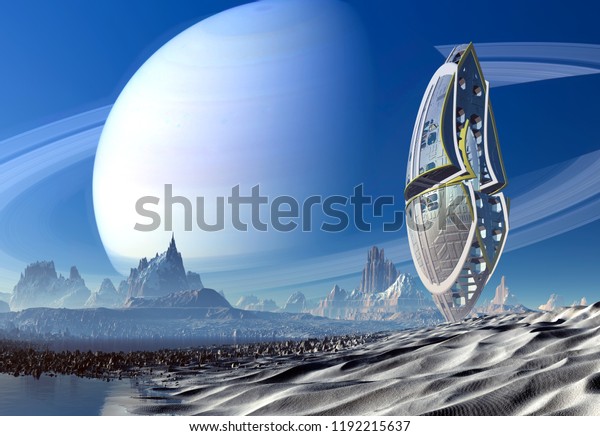  3D Rendered Fantasy Alien Landscape with\
space ship - 3D\
Illustration