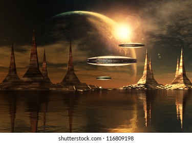 3D Rendered Fantasy Alien Planet With Spaceships