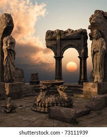 3D Rendered Fantasy Ancient Temple Ruins With Statues