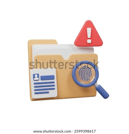 A 3D rendered folder icon with a fingerprint magnifying glass and warning sign suggests data security issues Perfect for digital safety concepts.