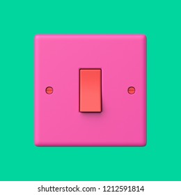 3d rendered front view of a pink and red light switch on a aqua background.
