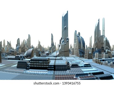 3D Rendered Futuristic City Skyline On White Background - 3D Illustration