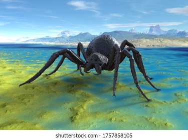 3D rendered Giant Creepy Spider On Fantasy Landscape - 3D Illustration