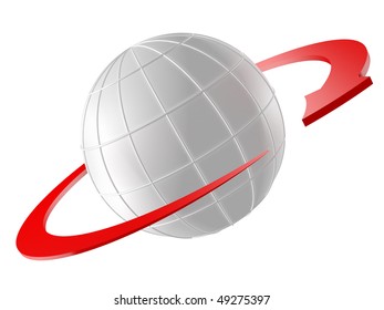 3D rendered Globe with red arrow as orbit. Isolated on white