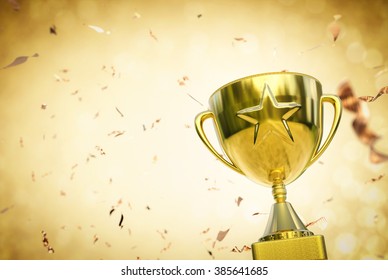 3d rendered gold star trophy in gold glitter background 