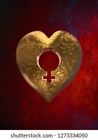 3D rendered golden heart with hollow feminine symbol over red background