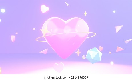 3d Rendered Heart Planet And Various Geometric Objects.