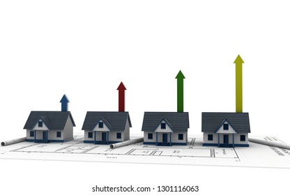 3d rendered house and arrow graph. Growth in real estate isolated on a white background