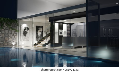 3D rendered house with a glassfront and a pool