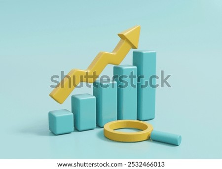 3D rendered illustration of an ascending graph icon symbolizing financial growth placed next to a magnifying glass. This represents close analysis and careful examination of the data.