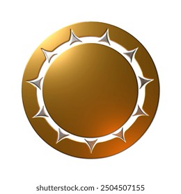 A  3D rendered illustration of a blank seal in metallic gold texture with curved platinum triangles around the inner gold disk, isolated on a white background - Powered by Shutterstock