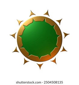 A 3D rendered illustration of a blank seal in metallic gold and green texture with curved triangles around the gold cutout around the inner border, isolated on a white background - Powered by Shutterstock