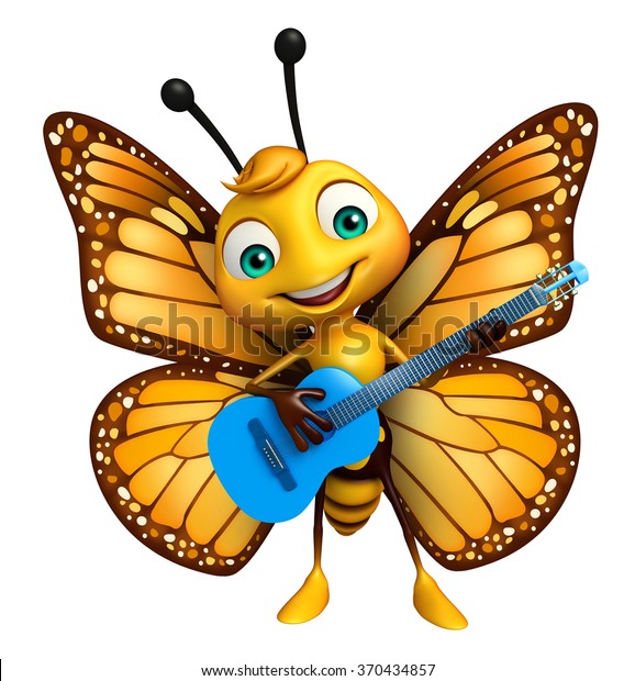 ギターを使った蝶のカートーンのキャラクターの3dレンダリングイラスト のイラスト素材