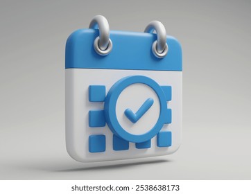 3D rendered illustration of a calendar icon with a prominent check mark in the center. which represents the completion of work Scheduling and reminders - Powered by Shutterstock