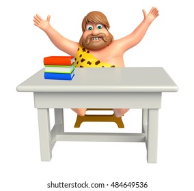 3d rendered illustration of Caveman with Table & chair,book stack