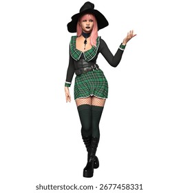 3D rendered illustration of a cozy witch with pink hair and mini skirt isolated on a white background