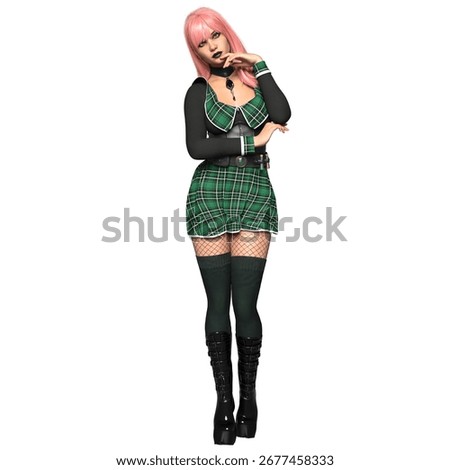 3D rendered illustration of a cozy witch with pink hair and mini skirt isolated on a white background