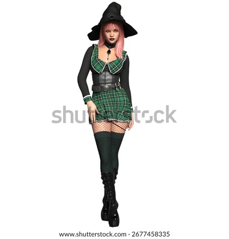 3D rendered illustration of a cozy witch with pink hair and mini skirt isolated on a white background