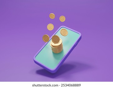 3D rendered illustration of a digital transaction and mobile payment icon: coins flowing from a smartphone that represents seamless financial technology for modern savings and investments. - Powered by Shutterstock