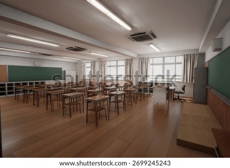 3D rendered illustration of an empty classroom with wooden floors, rows of desks, and large windows letting in natural light.
