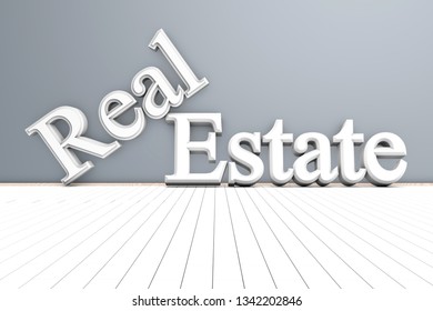 3D rendered Illustration of a empty room with the words Real estate on the wall.