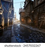 3D rendered illustration of a fantasy medieval pirate town 