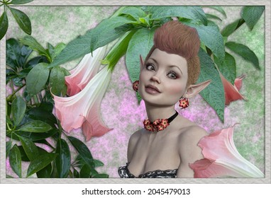 3d rendered illustration of a   female fairy dwarfed by trumpet blossoms and  umbrella tree leaves on a textured background wearing a flower choker and earrings in her pointed ears.  