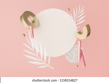 3d rendered illustration with flying geometric shapes and tropical leaves. Background for product design or text presentation mock up. Spheres, torus, cylinders, in pink and metallic gold colors.