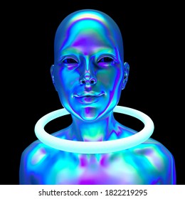 3d Rendered Illustration Of The Futuristic Alien Woman With A Neon Ring Around The Neck. Sci-fi Fantasy Portrait In Synthwave And Cyberpunk Aesthetics Style.