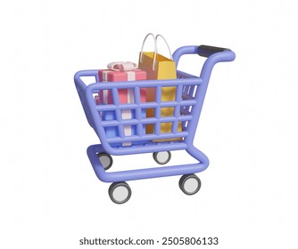 3D rendered illustration of gift shopping concept: integrated experience with shopping cart, gift box and shopping bag icons isolated on white background. - Powered by Shutterstock