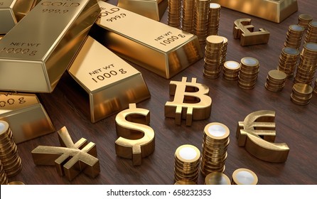 3D rendered illustration of gold bars and golden currency symbols. Stock exchange and banking concept.