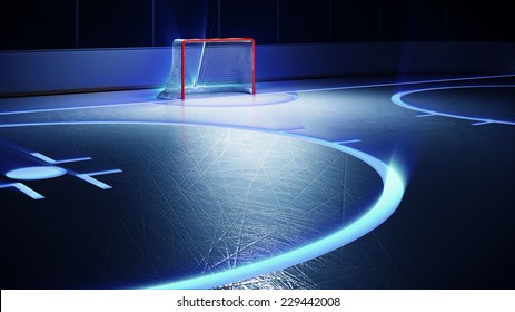 3d rendered illustration of hockey ice rink and goal. Scratches on ice. Shining lines on ice.
