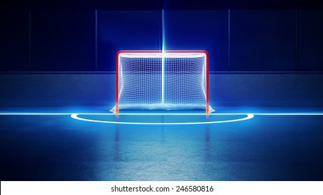 3d rendered illustration of hockey ice rink and goal. Scratches on ice. Shining lines on ice.