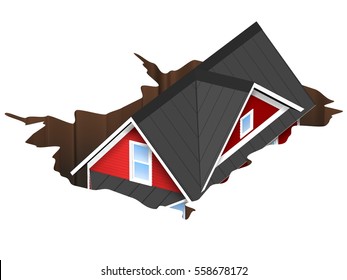 3D Rendered Illustration Of A House Falling Into A Hole.  Concept For Money Pit Or Sink Hole.  Isolated On White Background.