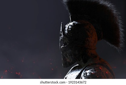 3d rendered illustration image of stone spartan warrior in helmet statue on dark background.