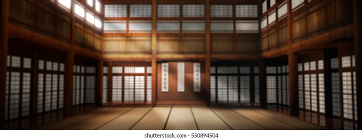 3d rendered illustration of karate dojo background.  Karate school is out of focus to be used as a photographic backdrop.