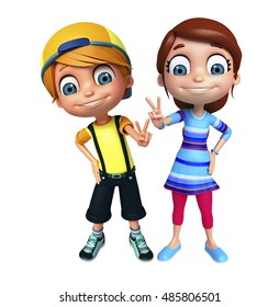 3d Rendered Illustration Of Kid Girl And Kid Boy With Victory Pose