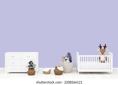 3d Rendered Illustration Of Kids Nursery With White Cot Bed.