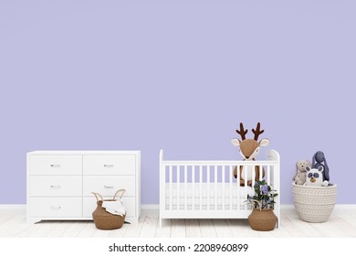 3d Rendered Illustration Of Kids Nursery With White Cot Bed.