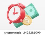 3D rendered illustration of money and time concept with alarm clock icon with banknotes and coins isolated on white background.