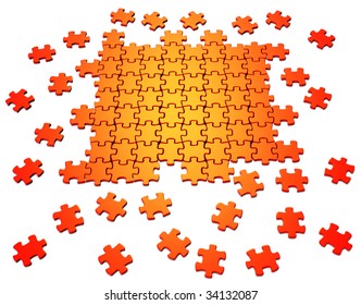 3D Rendered Illustration Of Orange Puzzle Pieces Coming Together, Isolated In White Background