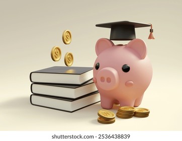 3D rendered illustration of a piggy bank icon wearing a graduation cap placed next to a pile of books with gold coins and dollars, concept of financial knowledge, education and saving for success. - Powered by Shutterstock