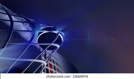 3d rendered illustration of puck in net of ice hockey goal. The puck with shining lines. Goals with depth of field dof effects. Place for copyspace text.