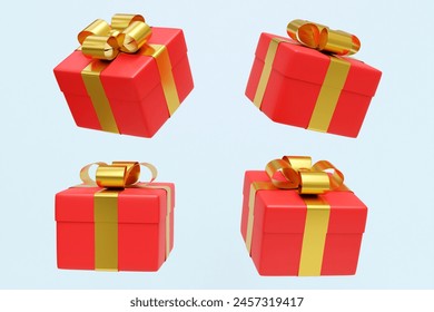 3D rendered illustration of a red gift box icon tied with a shiny gold ribbon, isolated on a blue background. For festivals, Christmas, Valentine's Day, birthdays, decorations, banners. - Powered by Shutterstock