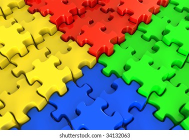 3D Rendered Illustration Of Red, Green, Blue, And Yellow Puzzle Pieces Coming Together On A Nexus Point