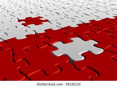 3D Rendered Illustration Of Red And White  Puzzle Pieces Coming Together, Including  Isolated White And Red Pieces Being Placed On Opposite Sides.