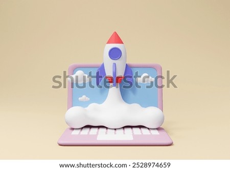 3D rendered illustration of a rocket launch icon with smoke from a laptop screen. surrounded by clouds Symbol of digital innovation cloud technology and rapid business growth through technology-driven
