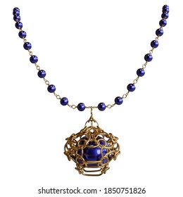 A 3D Rendered Illustration Of A Royal Necklace With Gold Royal Blue Stones. Object Is Isolated On A White Background. 