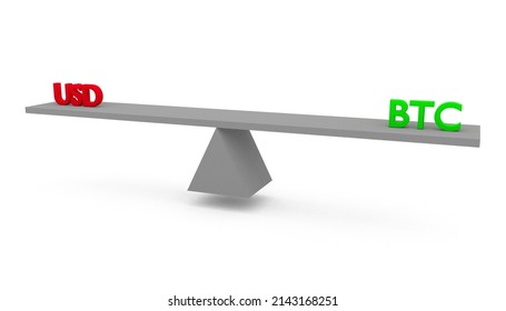 3D rendered illustration of seesaw with dollars (USD) versus Bitcoin (BTC) illustrating price comparisons between fiat and decentralyzed crypto currencies.
